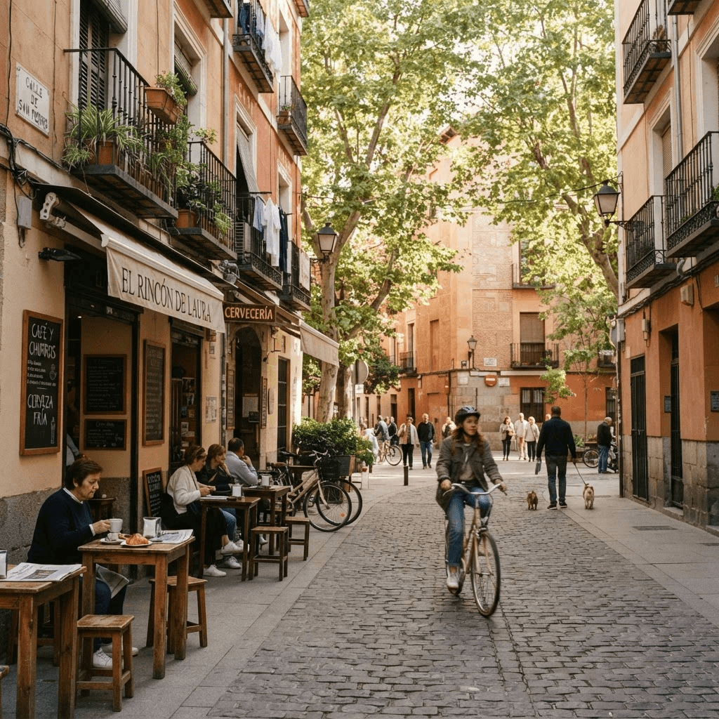 A leafy residential street in Madrid