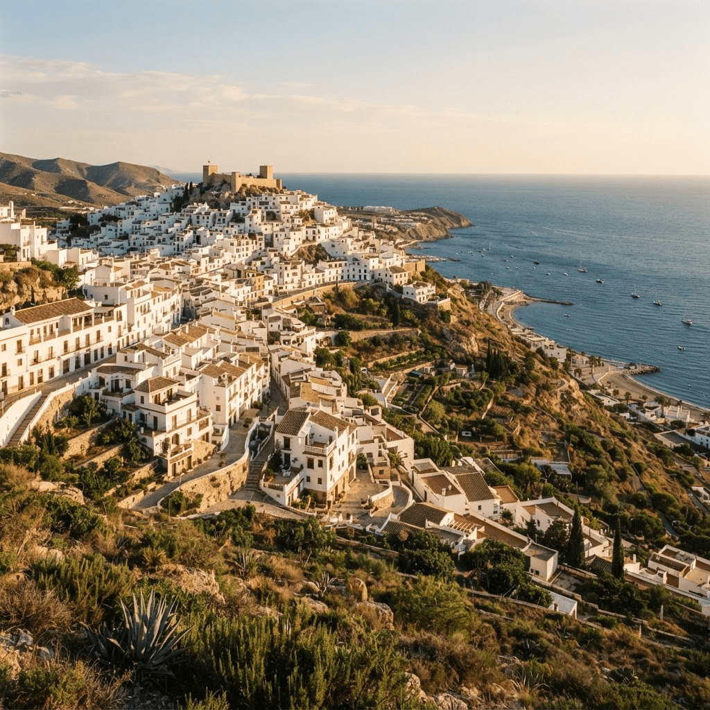 A whitewashed Spanish town looking toward the Mediterranean