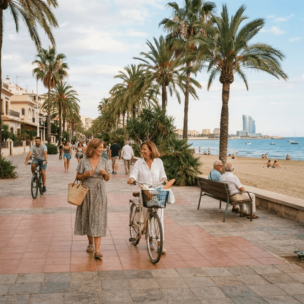 A palm-lined promenade by the sea in Valencia